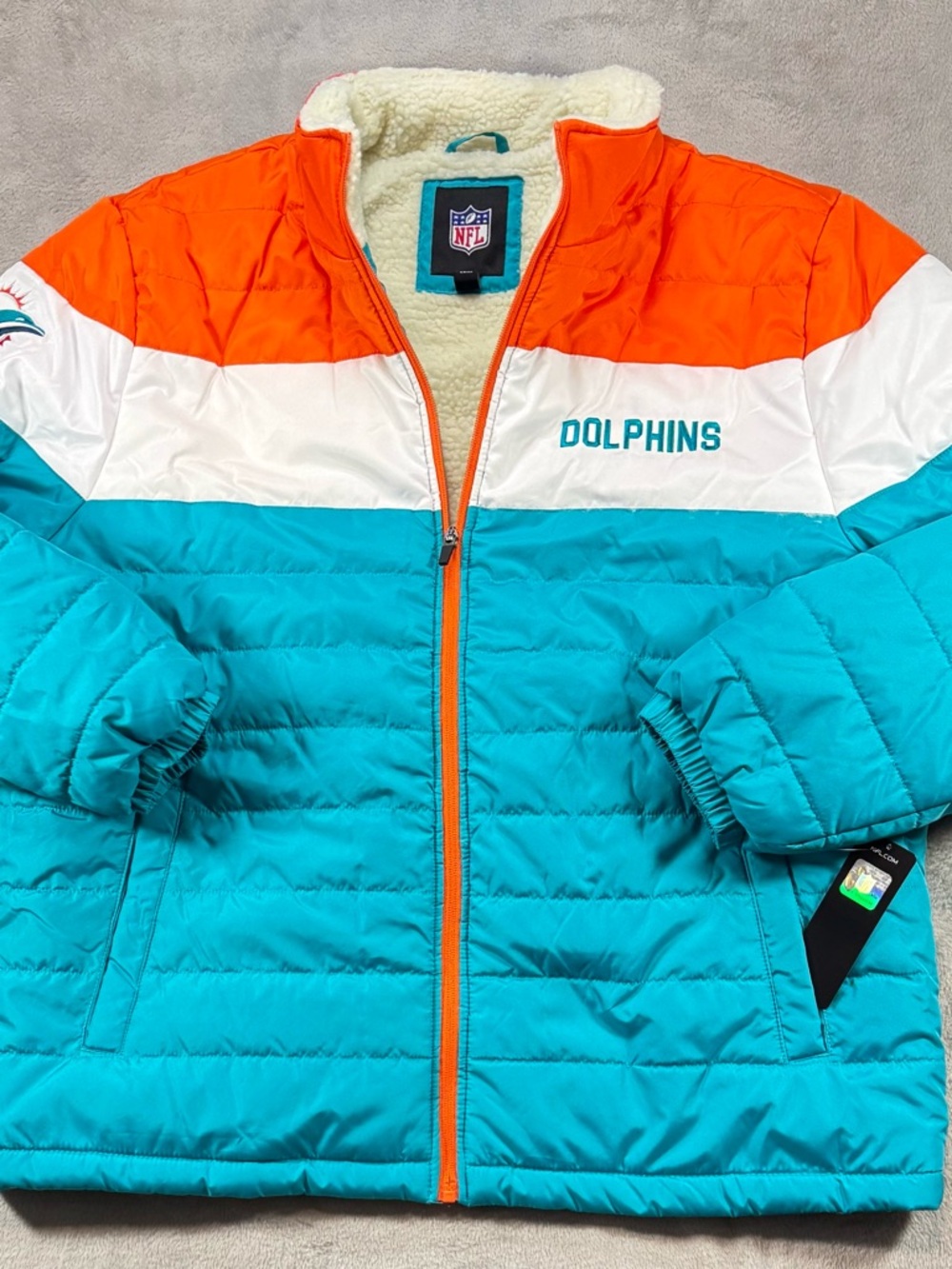 NWT NFL Miami Dolphins Sherpa Line Puff Jacket Size XL Teal Orange